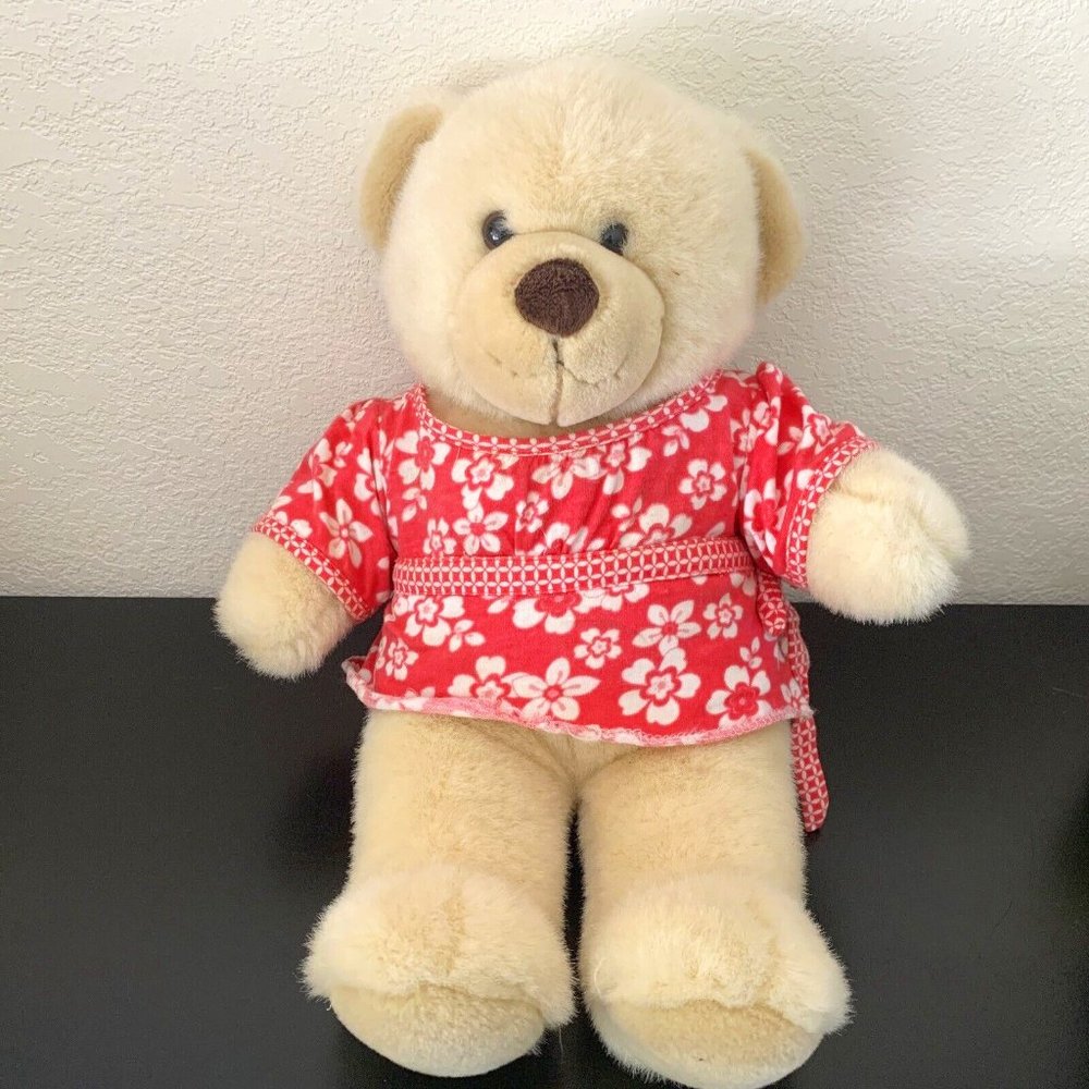 Build A Bear tan Teddy Plush Pink Dress Stuffed Animal 15" BAB Workshop Vintage
